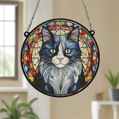 Cat Black & White Stained Glass Effect Suncatcher